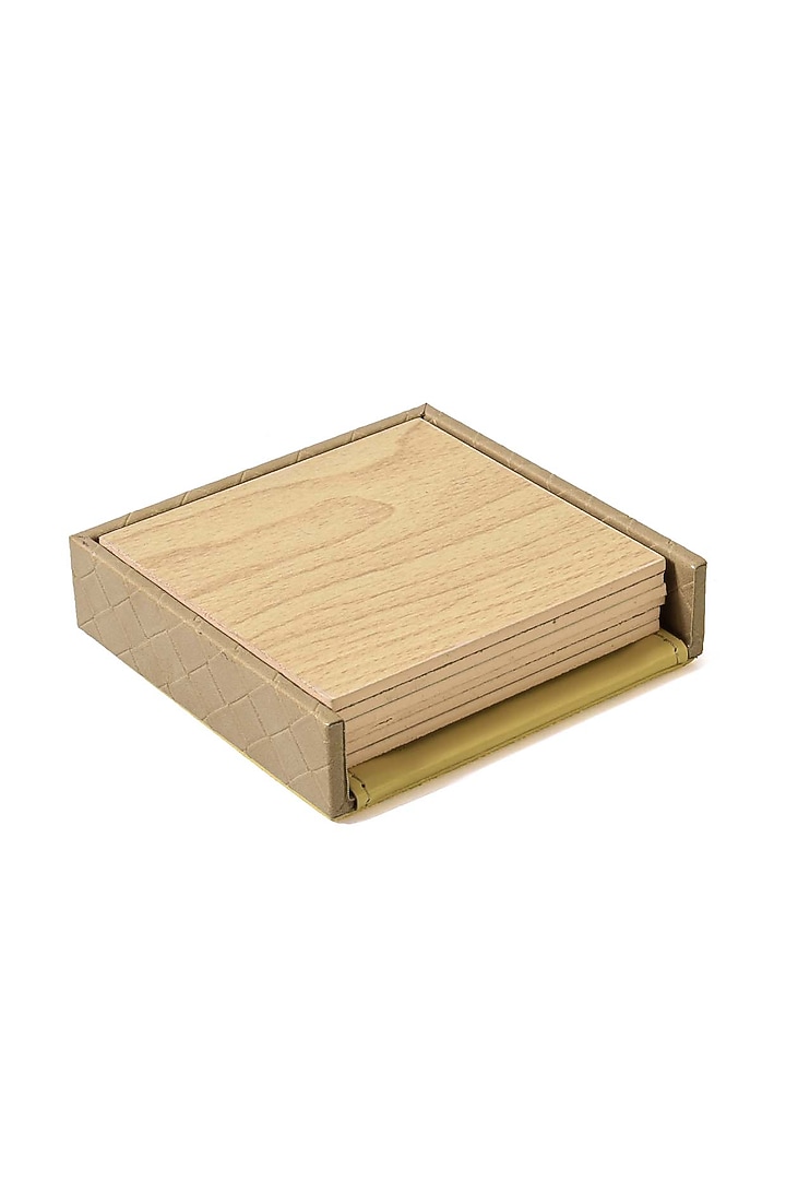 Ivory Faux Leather & Wood Square Coaster (Set of 6) by ICHKAN at Pernia's Pop Up Shop