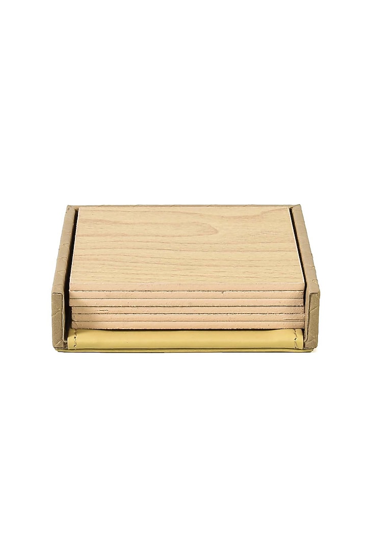 Ivory Faux Leather & Wood Square Coaster (Set of 6) by ICHKAN at Pernia's Pop Up Shop