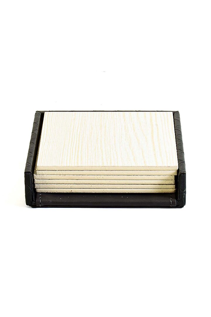 Grey Faux Leather & Wood Square Coaster (Set of 6) by ICHKAN at Pernia's Pop Up Shop