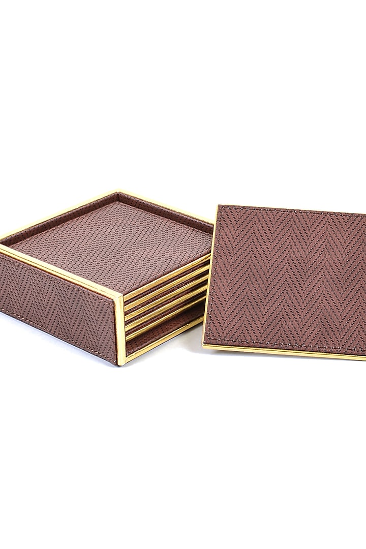 Brown Vegan Textured Leather Coasters (Set of 6) by ICHKAN