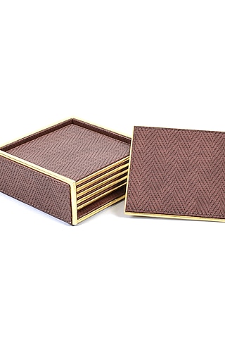 Brown Vegan Textured Leather Coasters (Set of 6) by ICHKAN