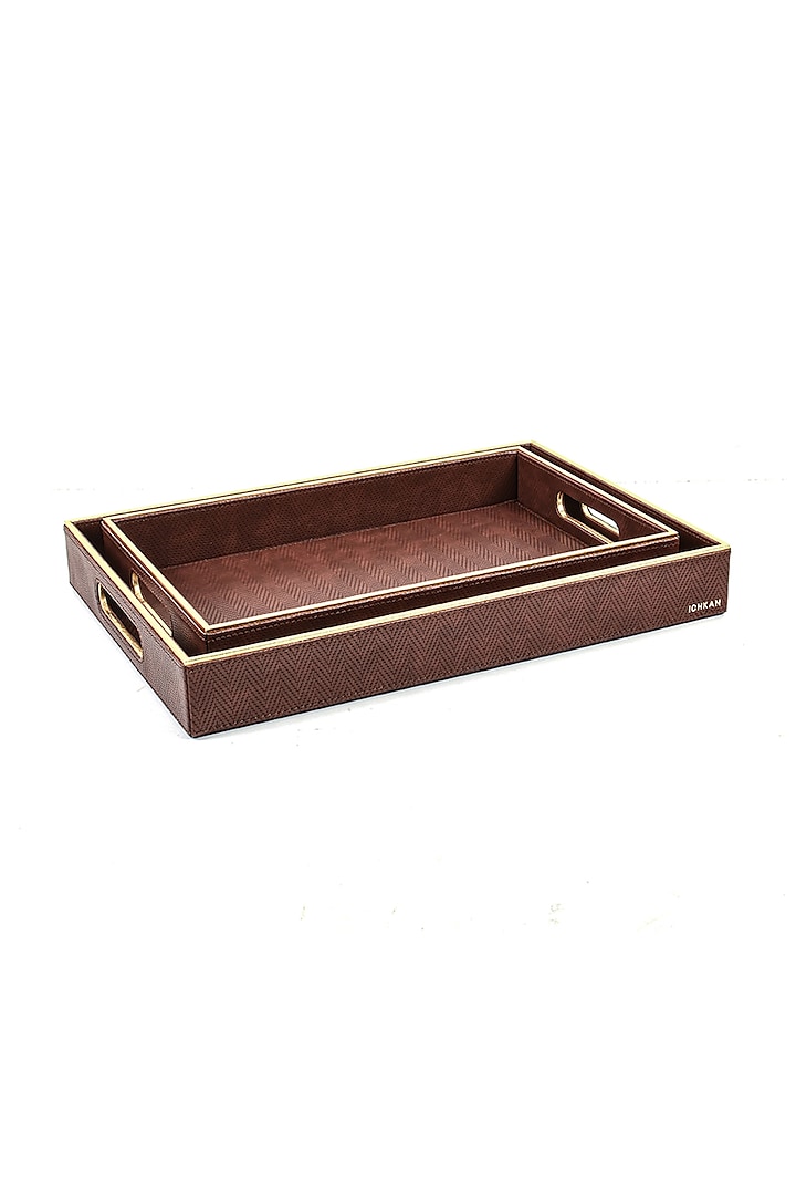 Brown Vegan Textured Leather Tray (Set of 2) by ICHKAN