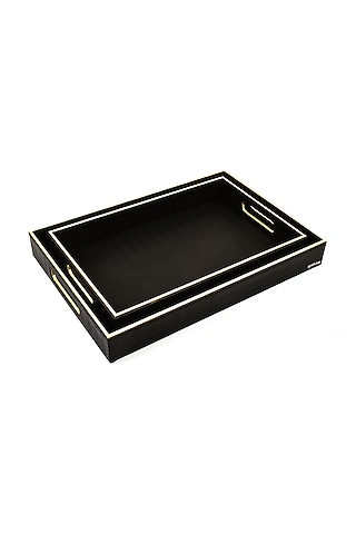 Black Vegan Textured Leather Tray (Set of 2) by ICHKAN
