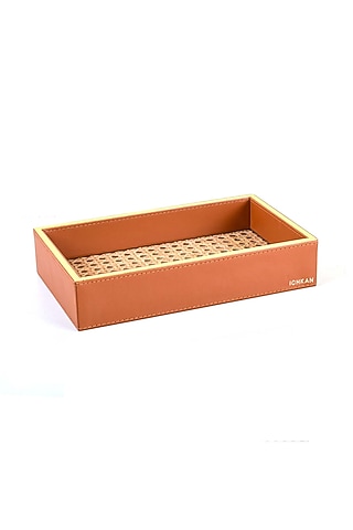 Tan Leatherette & Rattan Cane Towel Tray by ICHKAN