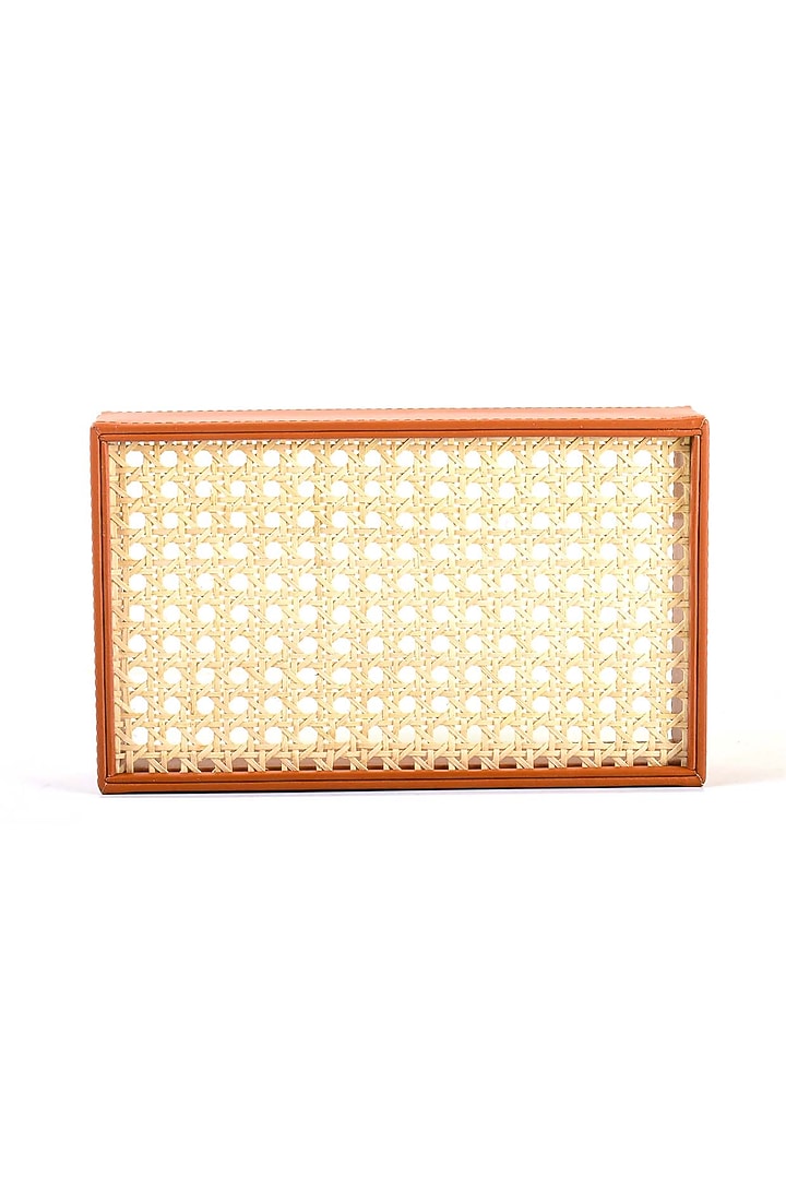 Tan Leatherette & Rattan Cane Towel Tray by ICHKAN at Pernia's Pop Up Shop