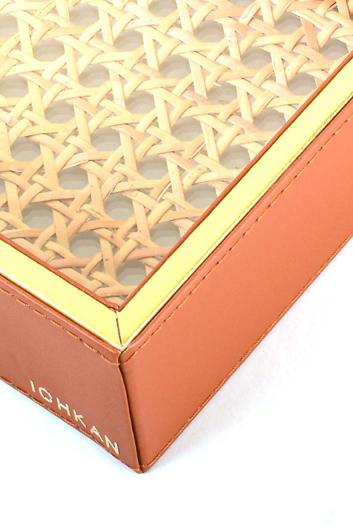 Tan Leatherette & Rattan Cane Towel Tray by ICHKAN at Pernia's Pop Up Shop