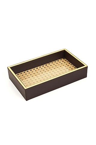 Dark Brown Leatherette & Rattan Cane Towel Tray by ICHKAN