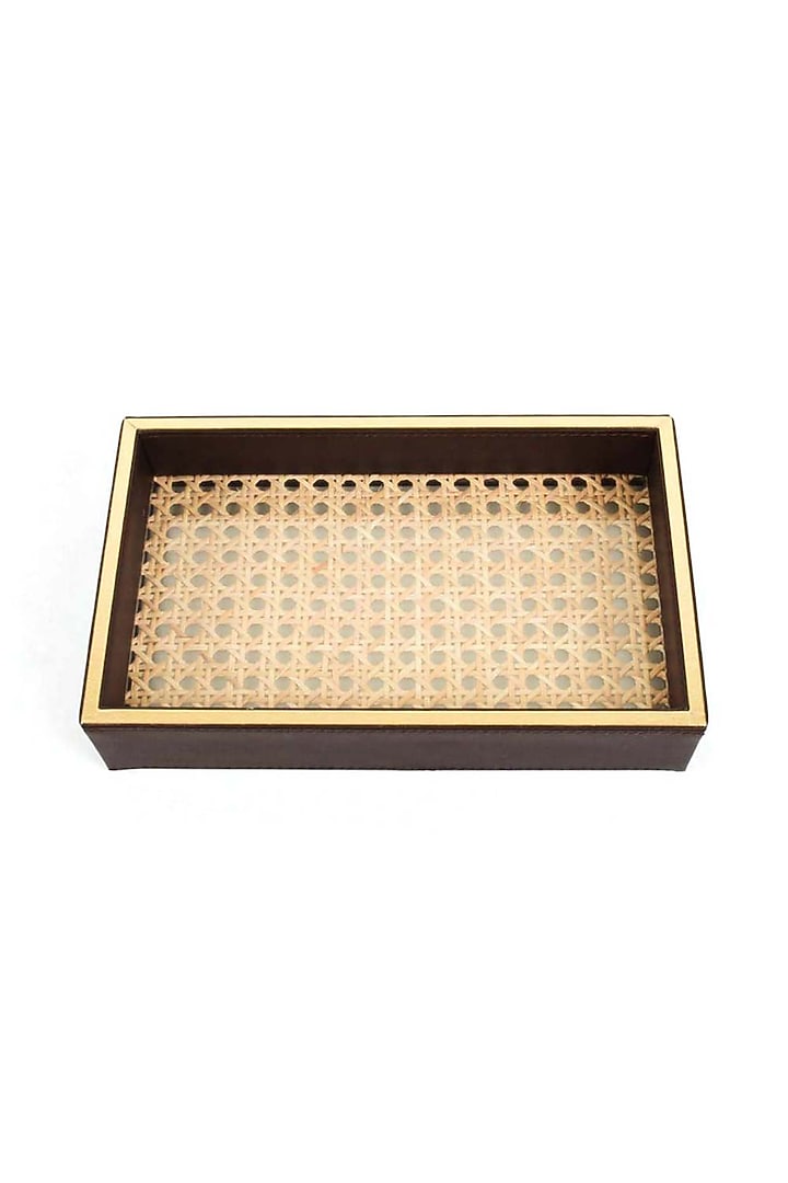 Dark Brown Leatherette & Rattan Cane Towel Tray by ICHKAN at Pernia's Pop Up Shop