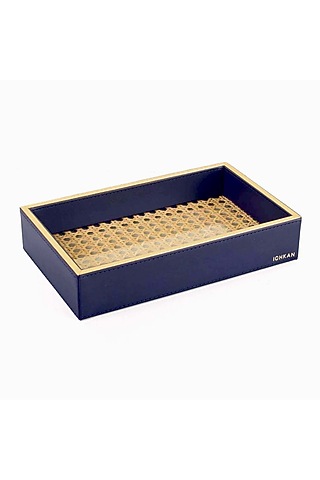 Midnight Blue Leatherette & Rattan Cane Towel Tray by ICHKAN