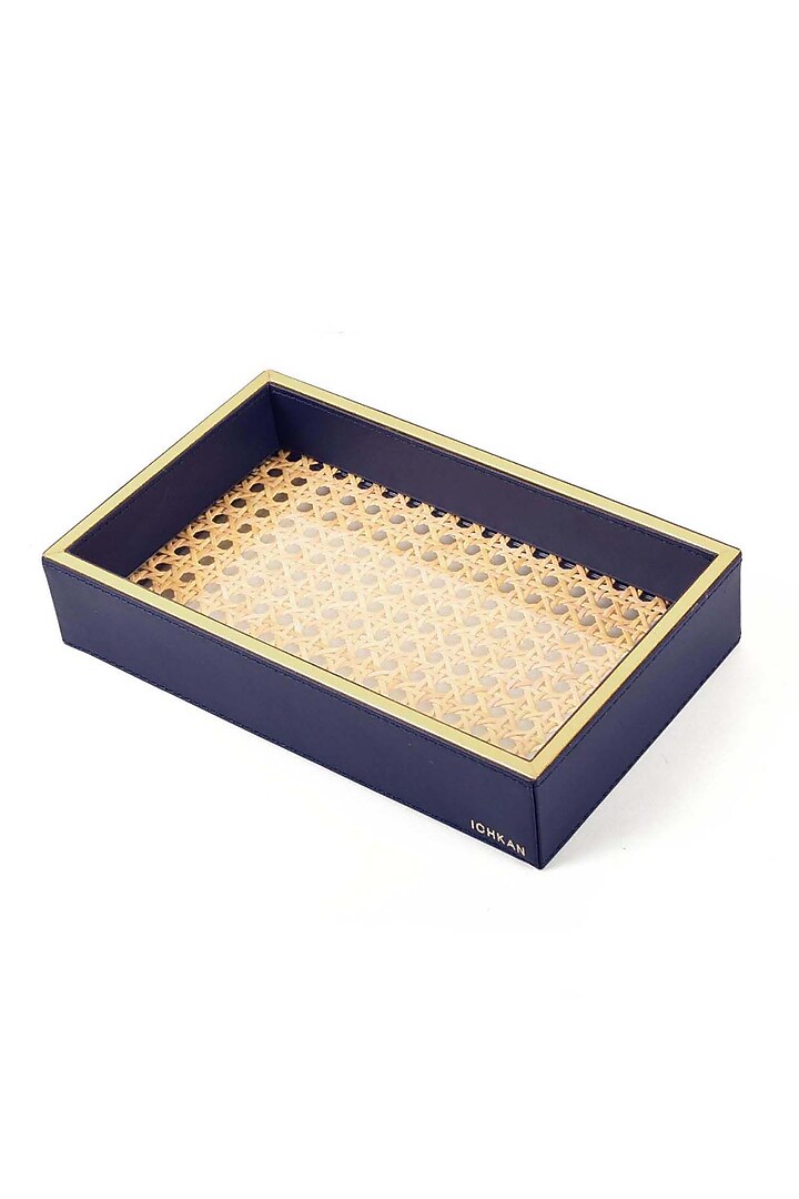 Midnight Blue Leatherette & Rattan Cane Towel Tray by ICHKAN at Pernia's Pop Up Shop