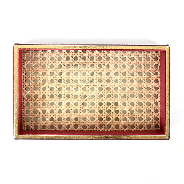 Maroon Leatherette & Rattan Cane Towel Tray by ICHKAN at Pernia's Pop Up Shop