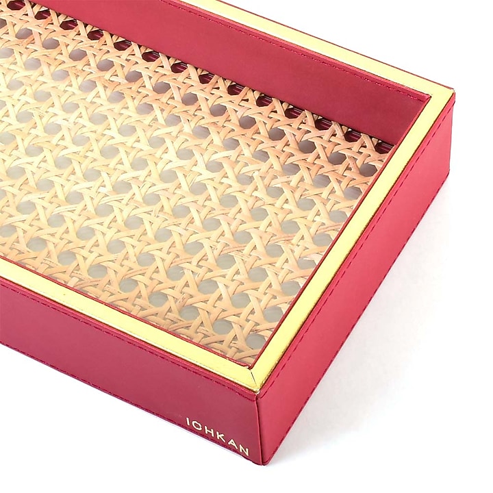 Maroon Leatherette & Rattan Cane Towel Tray by ICHKAN at Pernia's Pop Up Shop