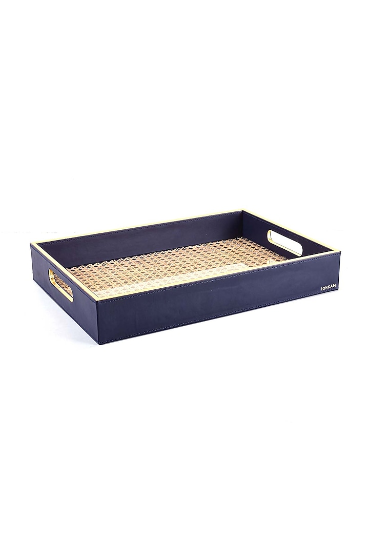 Midnight Blue Leatherette & Rattan Cane Tray by ICHKAN