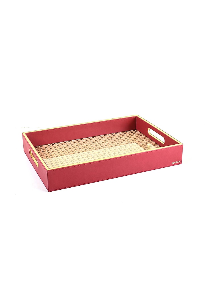 Maroon Leatherette & Rattan Cane Tray by ICHKAN