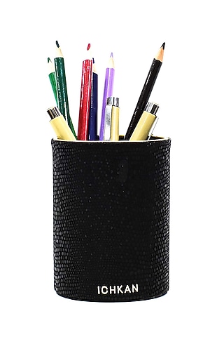 Black Vegan Leather Serpentine Circular Pen Holder by ICHKAN