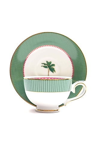 Green Porcelain Tea Cup & Saucer Set (Set of 12) by ICHKAN
