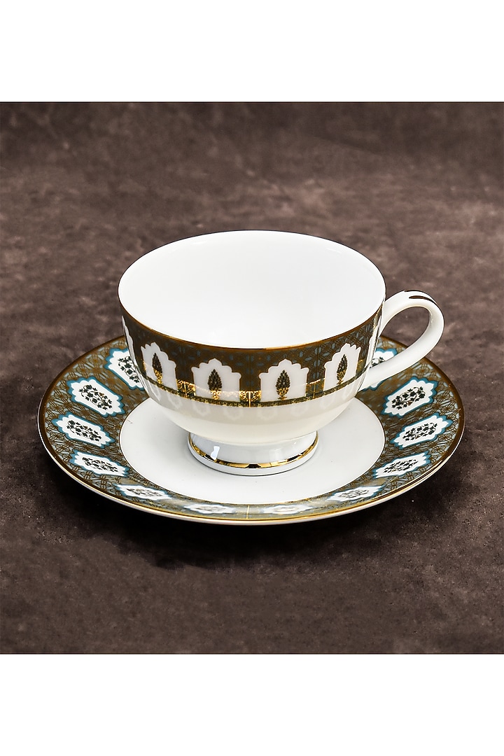 White Porcelain Printed Cup & Saucer Set With Gift Box by ICHKAN at Pernia's Pop Up Shop