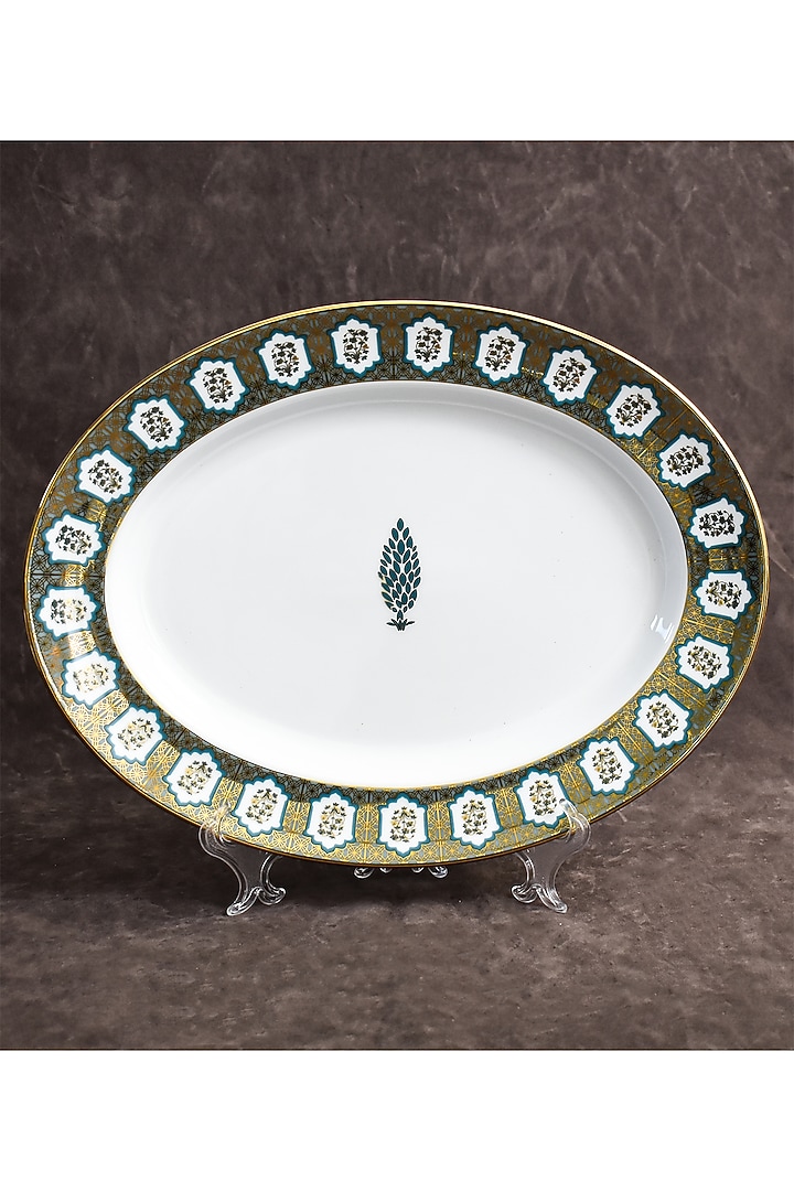 White & Golden Porcelain Printed Dinner Set Of 21 by ICHKAN at Pernia's Pop Up Shop