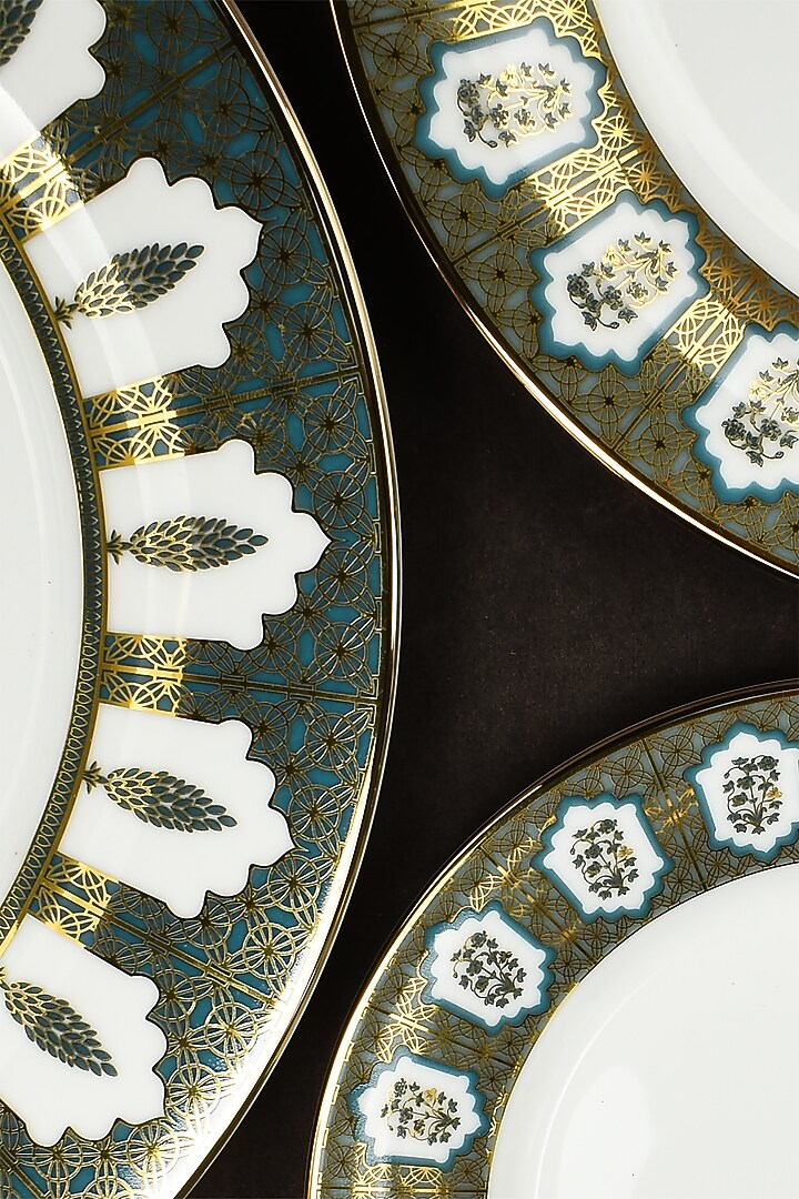 White & Golden Porcelain Printed Dinner Set Of 21 by ICHKAN at Pernia's Pop Up Shop
