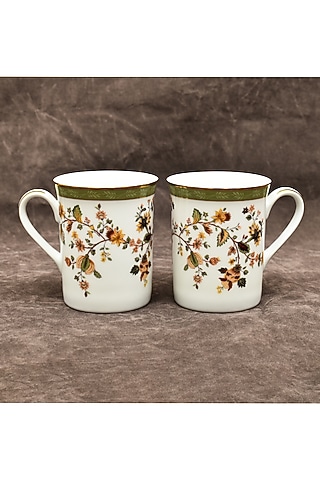 White Porcelain Floral Printed Mug Set by ICHKAN
