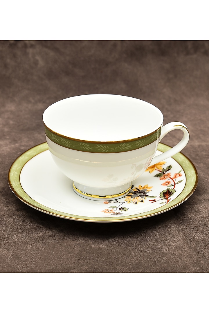 White Porcelain Floral Printed Cup & Saucer Set With Gift Box by ICHKAN at Pernia's Pop Up Shop