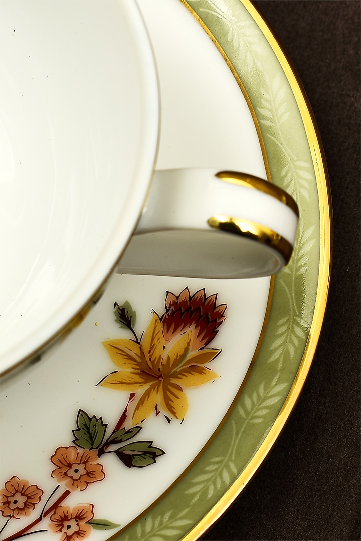 White Porcelain Floral Printed Cup & Saucer Set With Gift Box by ICHKAN at Pernia's Pop Up Shop