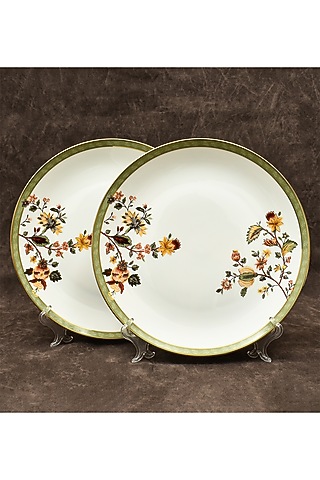 White Porcelain Floral Printed Dinner Set Of 21 by ICHKAN