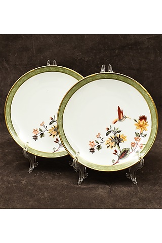 White Porcelain Floral Printed Dinner Set Of 33 by ICHKAN