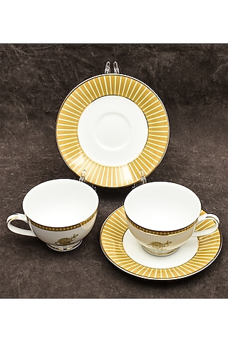 White & Mustard Porcelain Cup & Saucer Set With Gift Box by ICHKAN