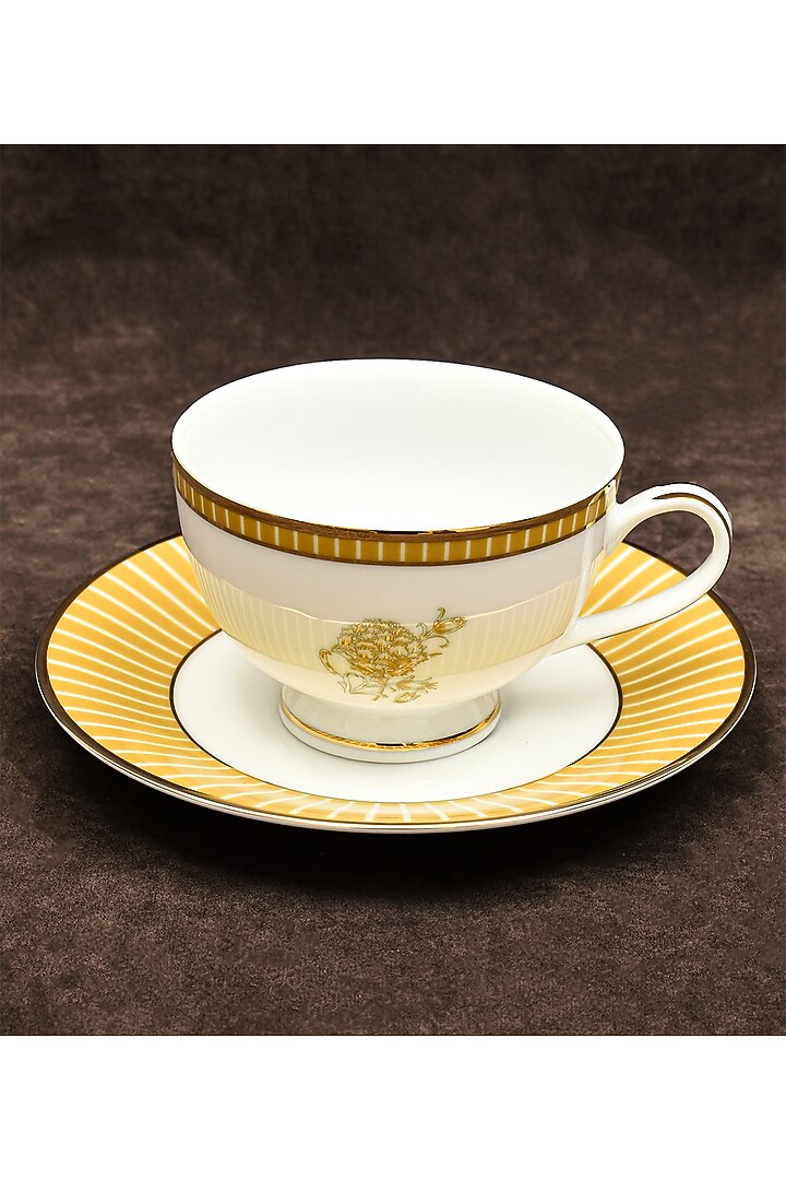 White & Mustard Porcelain Cup & Saucer Set With Gift Box by ICHKAN at Pernia's Pop Up Shop