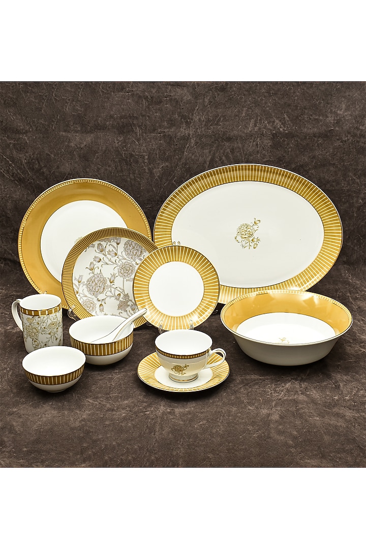 White & Mustard Yellow Porcelain Dinner Set Of 33 by ICHKAN at Pernia's Pop Up Shop
