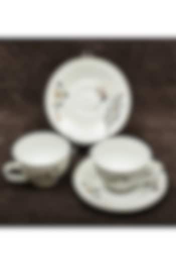 White Porcelain Floral Printed Cup and Saucer Set With Gift Box by ICHKAN