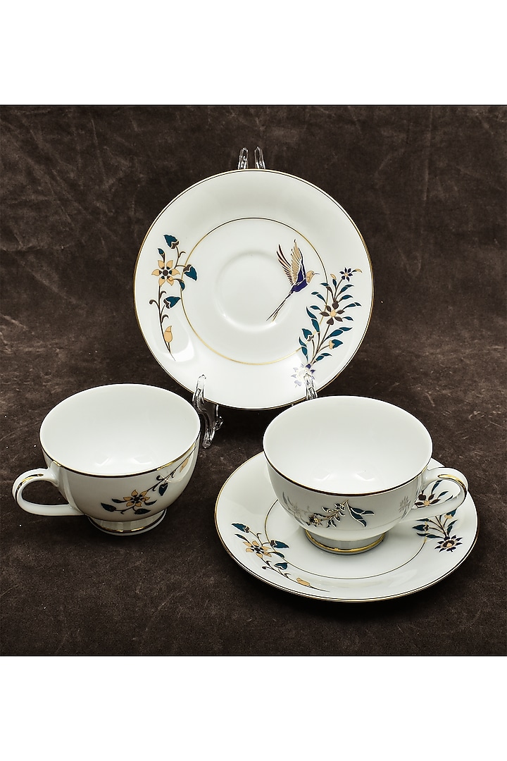 White Porcelain Floral Printed Cup and Saucer Set With Gift Box by ICHKAN