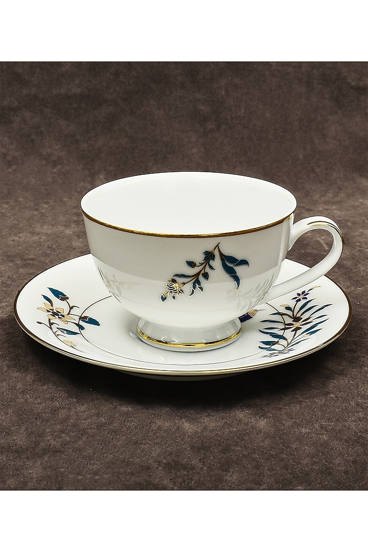 White Porcelain Floral Printed Cup and Saucer Set With Gift Box by ICHKAN at Pernia's Pop Up Shop