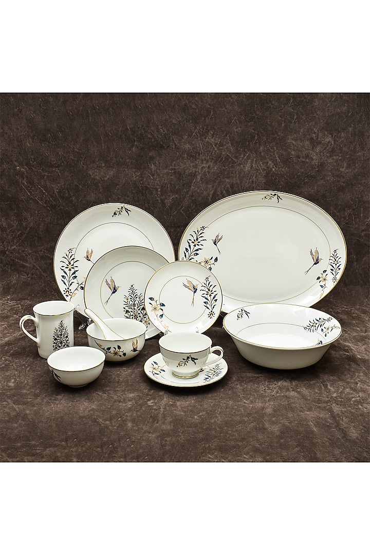 White Porcelain Floral Printed Dinner Set Of 33 by ICHKAN at Pernia's Pop Up Shop