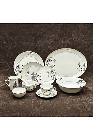 White Porcelain Floral Printed Dinner Set Of 39 by ICHKAN