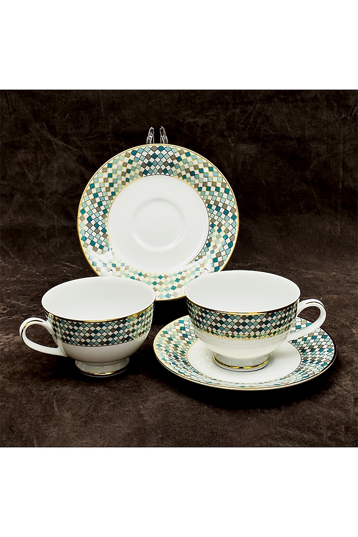 White Porcelain Printed Cup and Saucer Set With Gift Box by ICHKAN at Pernia's Pop Up Shop