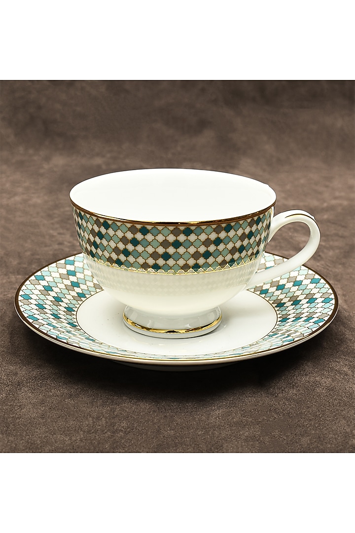 White Porcelain Printed Cup and Saucer Set With Gift Box by ICHKAN at Pernia's Pop Up Shop