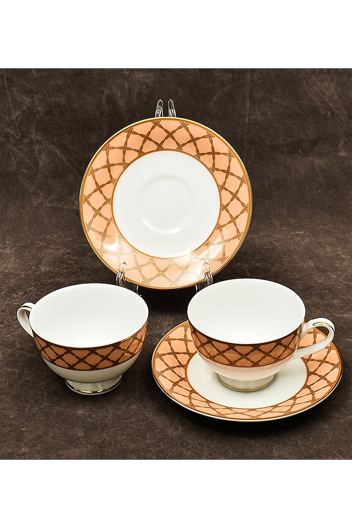 White & Peach Porcelain Printed Cup and Saucer Set With Gift Box by ICHKAN