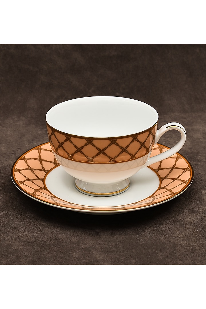 White & Peach Porcelain Printed Cup and Saucer Set With Gift Box by ICHKAN at Pernia's Pop Up Shop