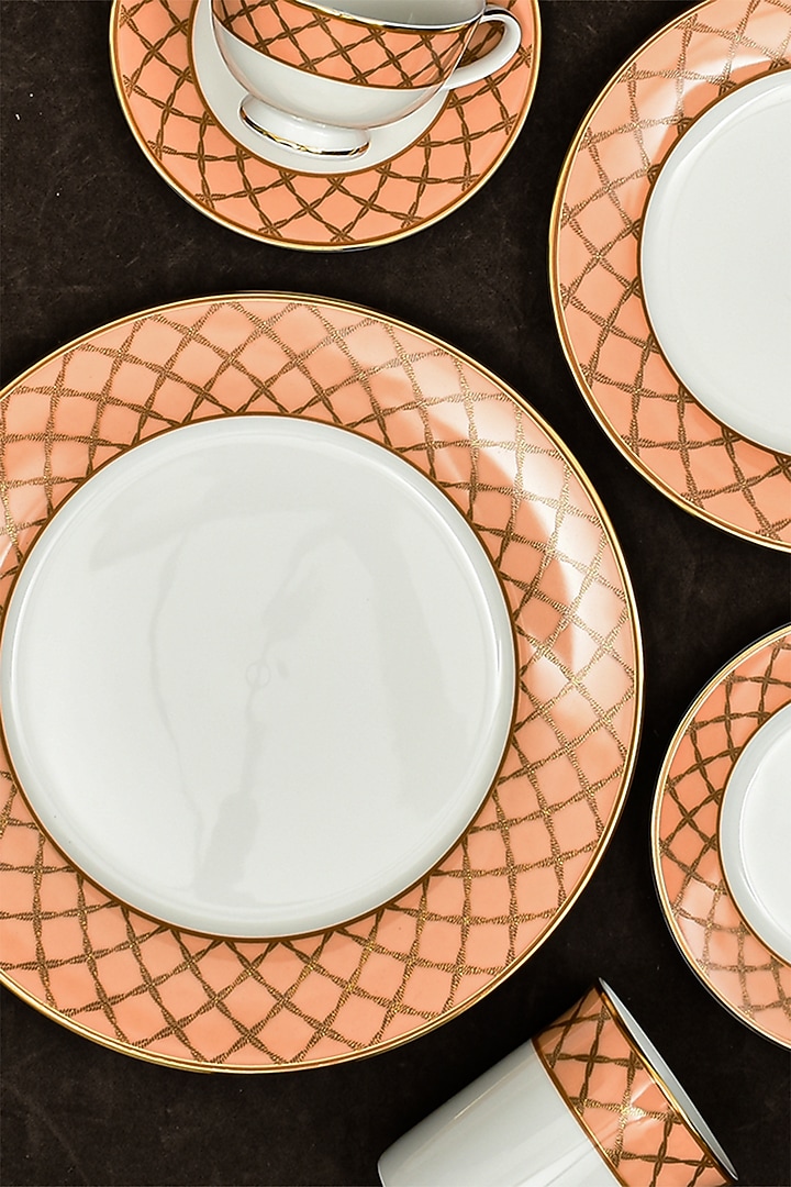 White & Peach Porcelain Printed Cup and Saucer Set With Gift Box by ICHKAN at Pernia's Pop Up Shop