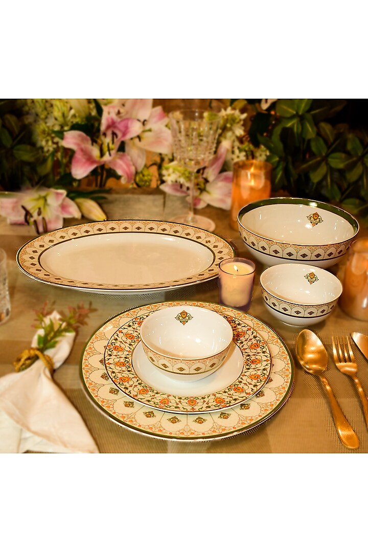 Orange Porcelain Jashn Dinner Set (Set of 33) by ICHKAN
