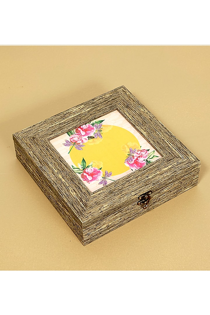 Yellow MDF & Velvet Square Box by ICRAFT