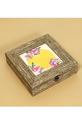 Yellow MDF & Velvet Square Box by ICRAFT