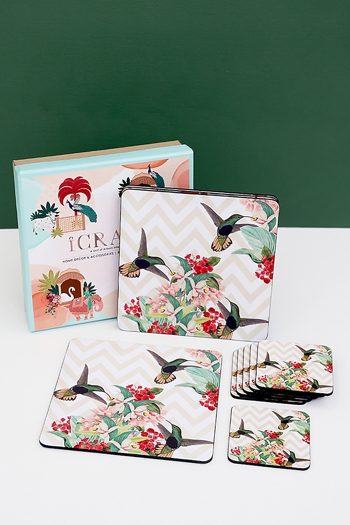 White Charming Bird Printed Square Trivets & Coasters Hamper by ICRAFT at Pernia's Pop Up Shop