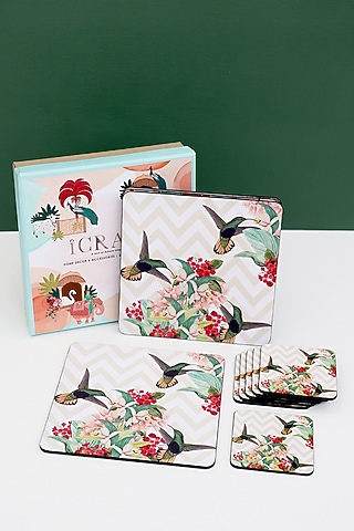 White Charming Bird Printed Square Trivets & Coasters Hamper by ICRAFT