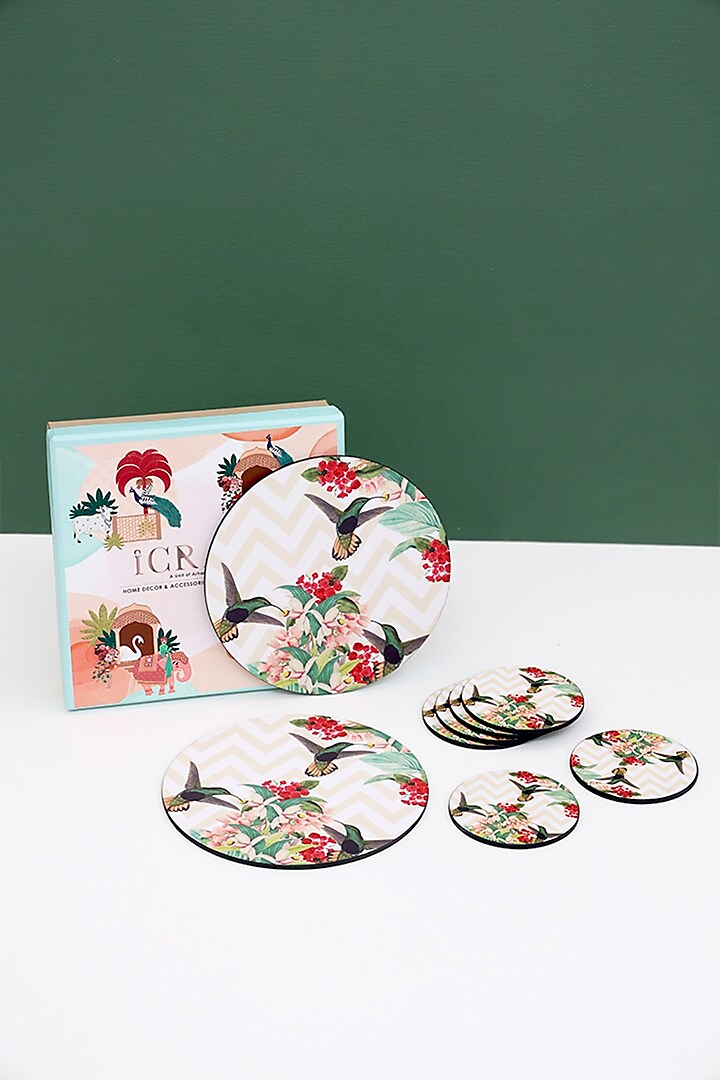 White Printed Round Trivets & Coasters Hamper by ICRAFT