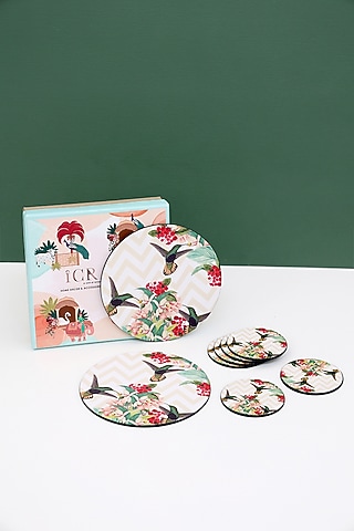 White Printed Round Trivets & Coasters Hamper by ICRAFT