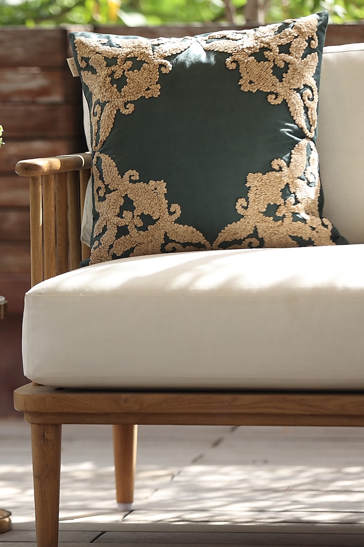 Green Velvet Embroidered Cushion Cover by ICRAFT