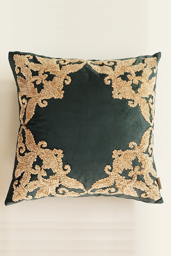 Green Velvet Embroidered Cushion Cover by ICRAFT at Pernia's Pop Up Shop